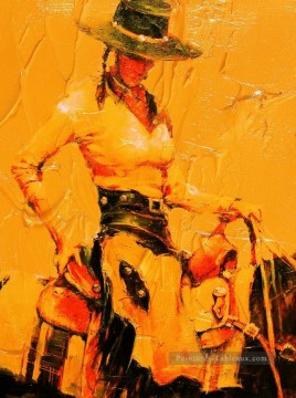  cow Tableaux - cowgirl rouge avec des peintures épaisses occidental original